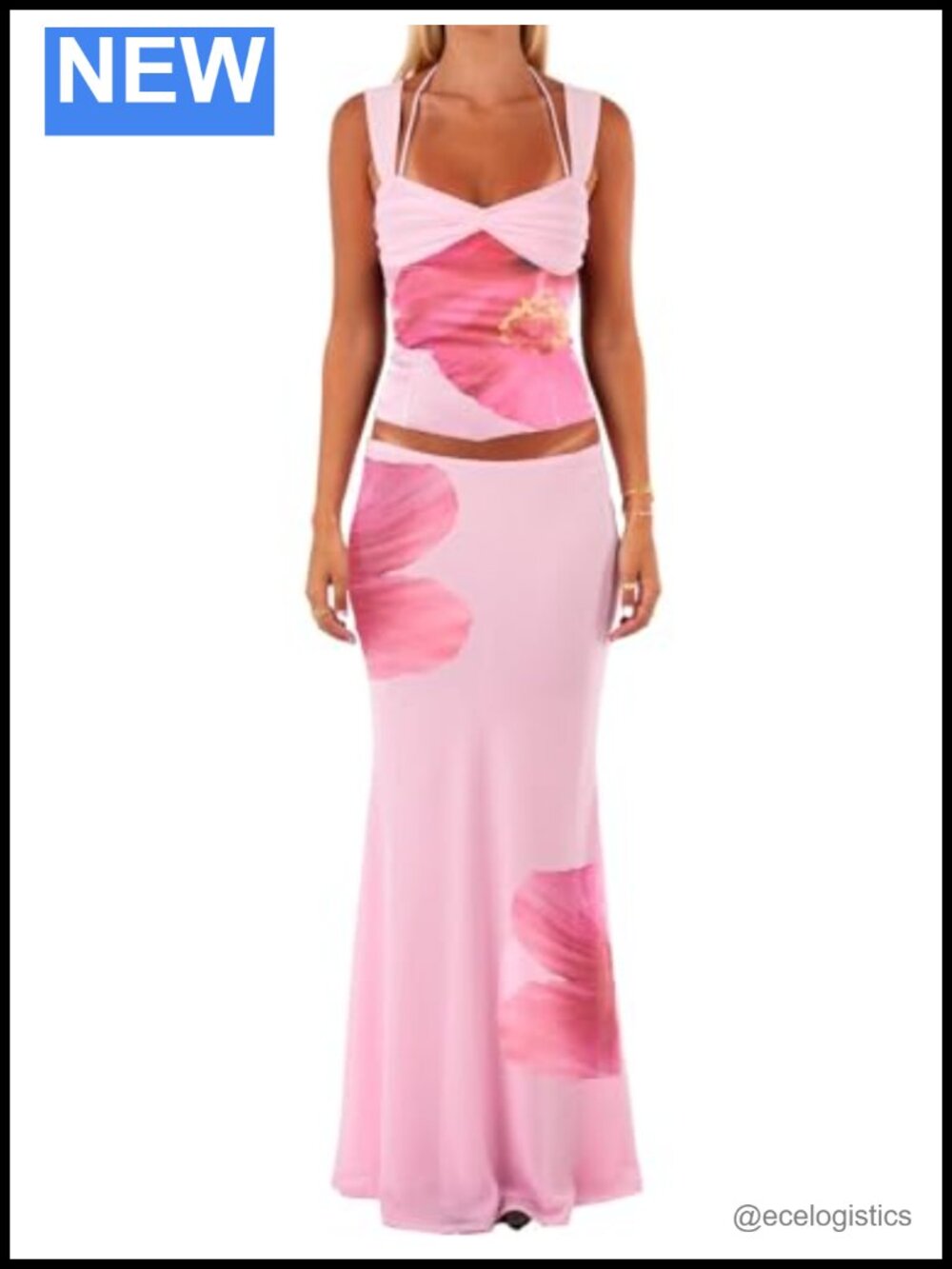 2 Piece Maxi Skirt Set Women Lace Up Back Tank Tie High Waist Long Skirt Summer